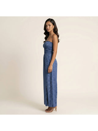 Blue Printed Smocked Strapless Wide Leg Jumpsuit styled