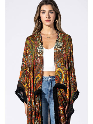 Golden Ochre Paisley Fringe One Sized Kimono product view 3 on a white background