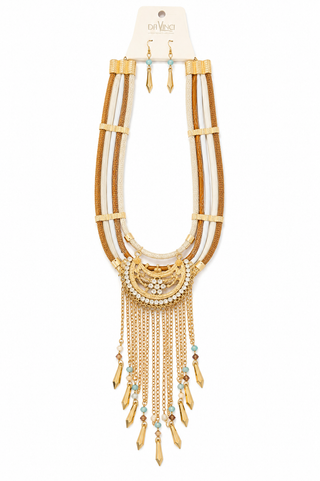 Gold Silver Multi Strand Mesh Chain Filigree Crescent Bib Necklace and Earring Set