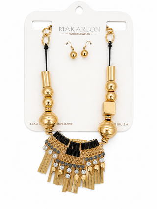 Gold Chunky Bead Crystal Fringe Statement Necklace and Earring Set
