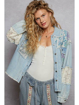 Denim Multi Balloon Sleeve Printed Woven Mixed Denim Shacket by Born To Glam