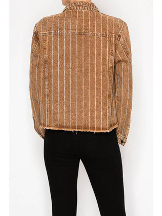 Chocolate Brown Crystal Stripe Denim Jacket - Born To Glam