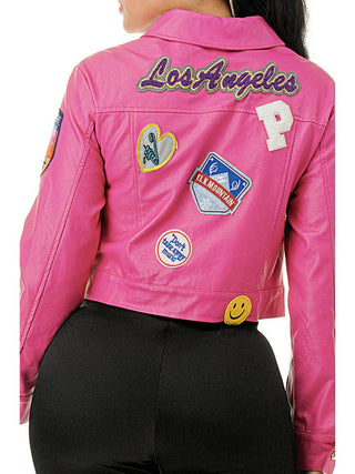 Pink Embroidered Patch Long Sleeve Faux Leather Jacket – supplier photo 6