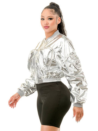 Silver Metallic Long Sleeve Bomber Jacket – supplier view 2