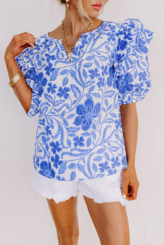 Dark Blue Floral Print Ruffled Bubble Sleeve Blouse - Born To Glam Born To Glam