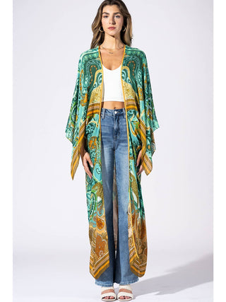 Viridian Dream jade green and gold paisley one sized kimono duster on a white background