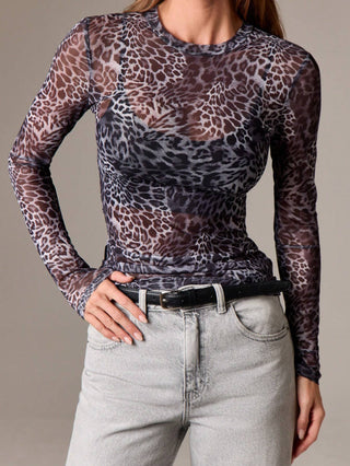 Leopard Print Mesh Slim Fit Top - 1