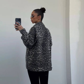 Gray Leopard Print Vintage Denim Jacket - Gray