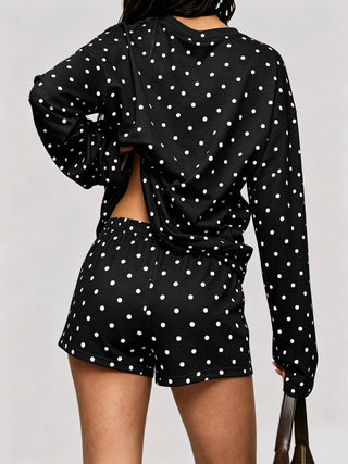 Black Polka Dot Long Sleeve Top and Shorts 2-Piece Set - Black