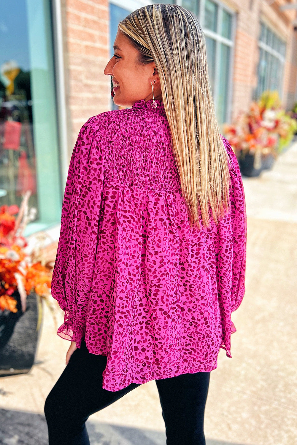 Rose Leopard Shirred Puff Sleeve Flowy Blouse Born To Glam