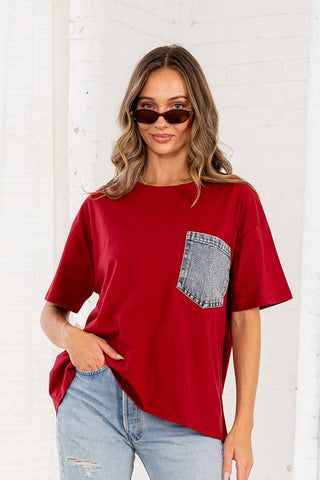 Burgundy Oversized 1/2 Sleeve Top with Front Pocket by Born To Glam