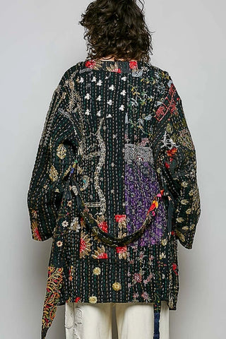 Black Handcrafted Stitch Waistband Kimono Top