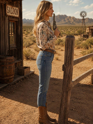 Beige Western Print Chiffon Button Up Blouse - Faire photo 4