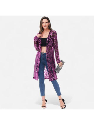 Purple Sequin Sheer Duster Jacket styled