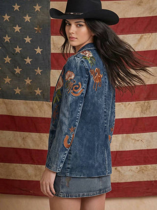 Medium Wash Embroidered Western Denim Blazer