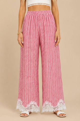Light Red Lace-Trimmed Wide-Leg Pants alternate view