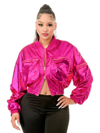 Pink Metallic Long Sleeve Bomber Jacket – front view