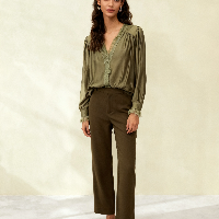 Olive Satin Ruffle Trim Top