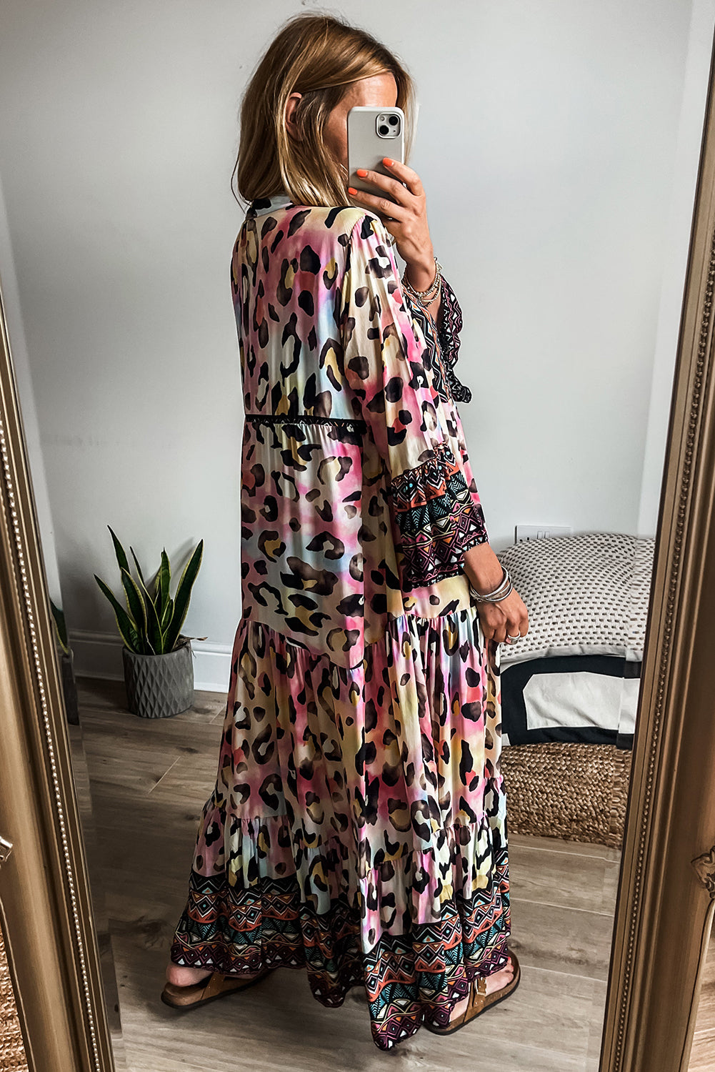 Pink Western Leopard Printed 3/4 Sleeve Buttoned Front Tiered Maxi Dress Born To Glam