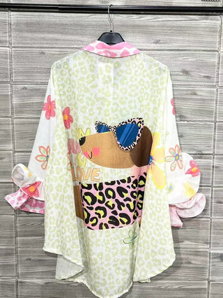 White Playful Dog Print Long Sleeve Top