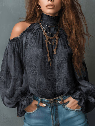 Peacock Green Off Shoulder Puff Sleeve Chiffon Blouse - Peacock Green