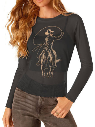 Roping Cowboy Long Sleeve Mesh Top