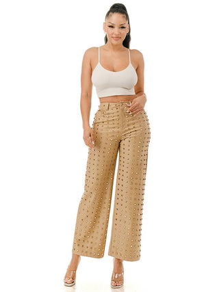 Beige Studded Wide Leg Faux Leather Pants – supplier view 6