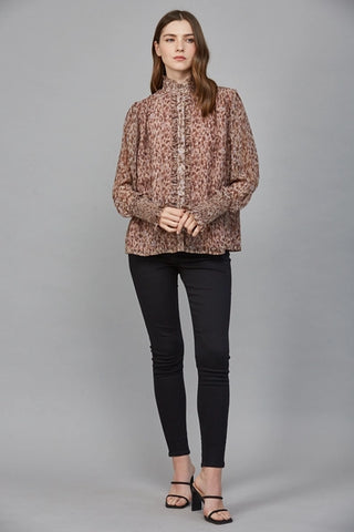 Brown Animal Print Ruffle Blouse