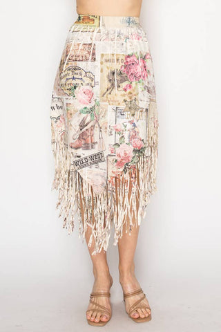 Boho Chic Laser-Cut Fringe Skirt With Handkerchief Hem - 4763BG ROSE WEST - Born To Glam
