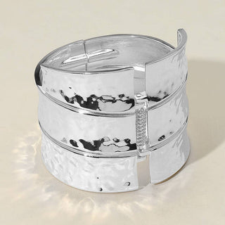 Bold Wide Textured Metal Hinged Bangle Bracelet - Born To Glam