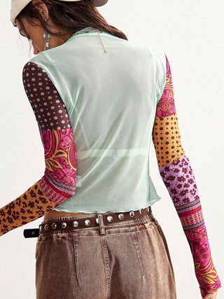 Floral Mock Neck Long Sleeve Top - Picture Color
