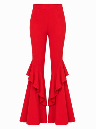 Red high-waisted bell bottom pants with cascading ruffle flares and a sleek fitted upper leg.
