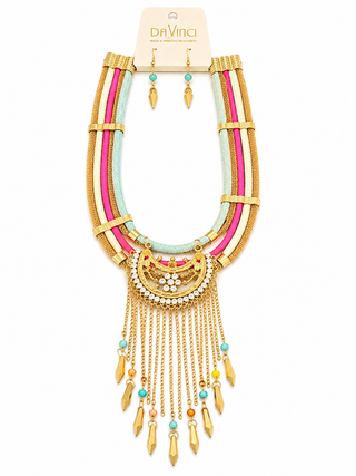 Gold Multi Strand Layered Fuchsia Blue Rope Bib Necklace and Earring Set