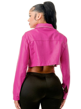 Pink Jewel Trim Long Sleeve Cropped Faux Leather Jacket – supplier view 3