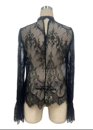 Black Sheer Lace Bell Sleeve Blouse - Black