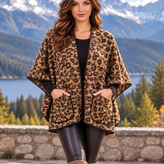 Leopard Print Poncho Cape with Pockets Quantity