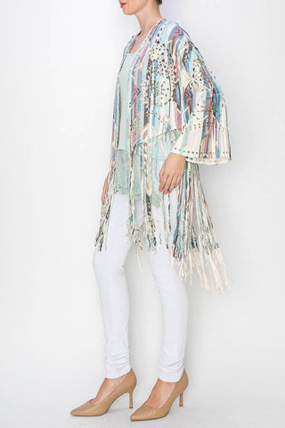 Turquoise Geo Faux Suede Fringe Cardigan - Born To Glam