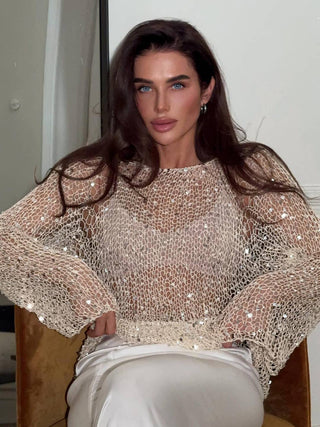 Champagne Women's Sequin Embellished Knit Top - Champagne
