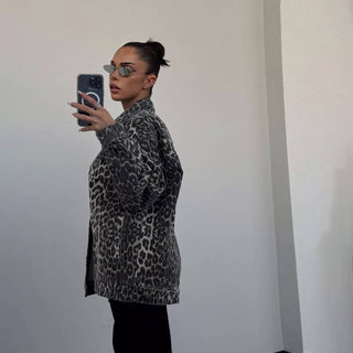 Gray Leopard Print Vintage Denim Jacket - Gray