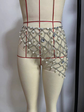 Pearl Chain Belt Mesh Skirt - Picture Color
