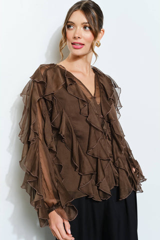 Layered Ruffle Sheer Chiffon Button-Up Blouse - Born To Glam
