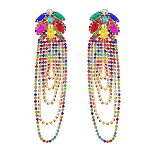 Rhinestone Crystal Embellished Chain Loop Tassel Earrings - Born To Glam