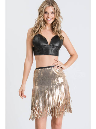 Gold Sequin Fringe Mini Skirt – front view