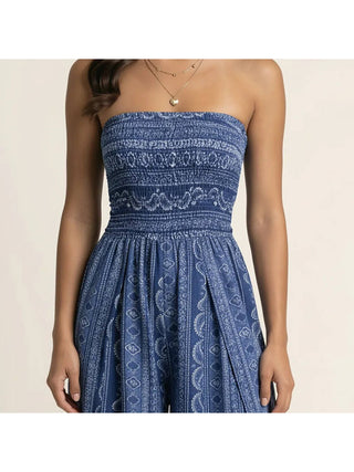 Blue Printed Smocked Strapless Wide Leg Jumpsuit detail