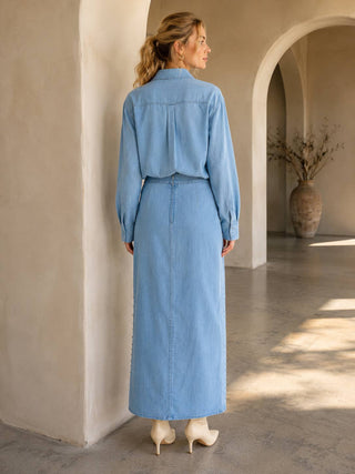 Light Wash Studded Denim Midi Skirt - Faire photo 5