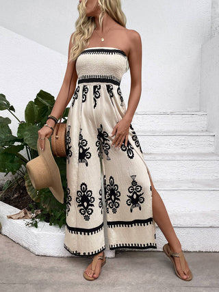 Beige Smocked Strapless Wide Leg Jumpsuit detail