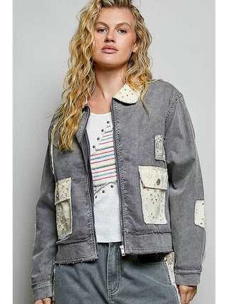 Vintage Wash Zip-Up Embroidered Patch Denim Jacket duplicate