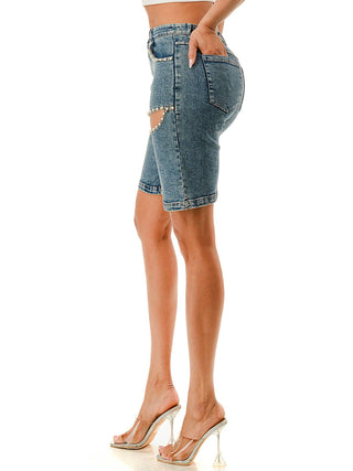 Blue Embellished Pearl Cut-Out Shorts by SALT