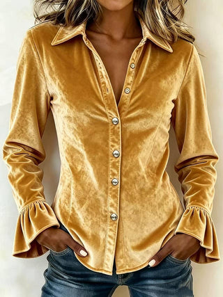 Gold Velvet Flare Sleeve Button Down Blouse