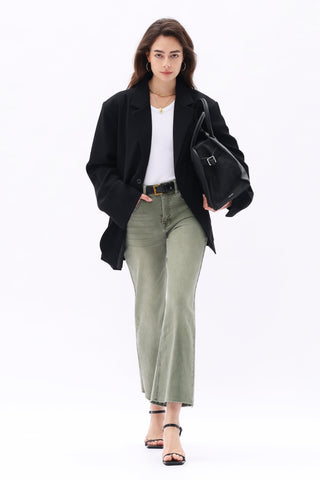 Green High Rise Cropped Distressed Wide Leg Jeans - front